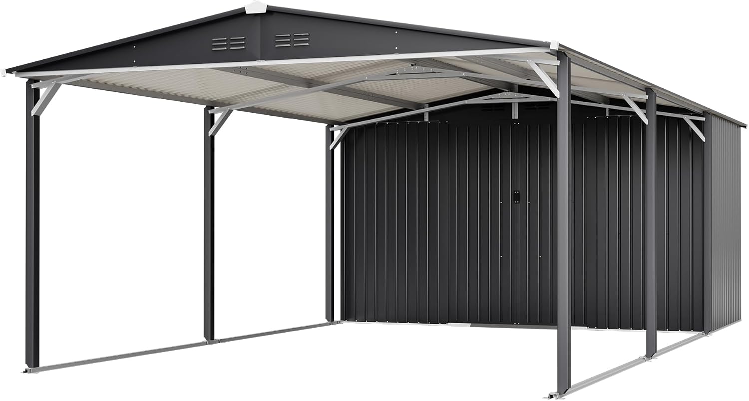 KEIKI 12x23 FT Heavy Duty Metal Carport with Storage Shed, Steel Garage Shelter with Sliding Door, Waterproof Sloped Roof, UV Protection Panels, Outdoor Car Canopy for Car, Boat, Tractor