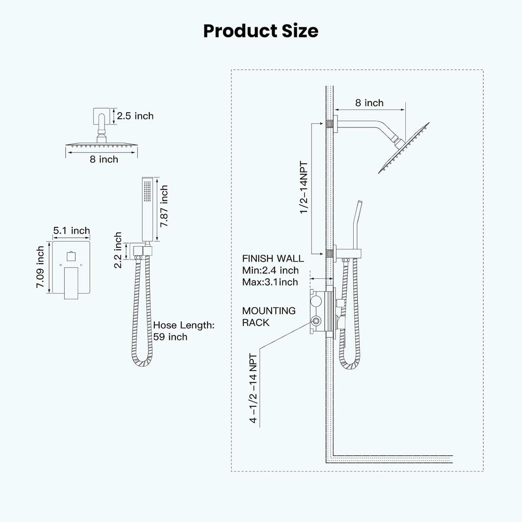 gotonovo Rainfall Bathroom Shower System Rain Shower Head and Handle Set Wall Mounted Shower Complete Combo Solid Brass Pressure Balancing Shower Mixer Valve 8 Inch Matte Black