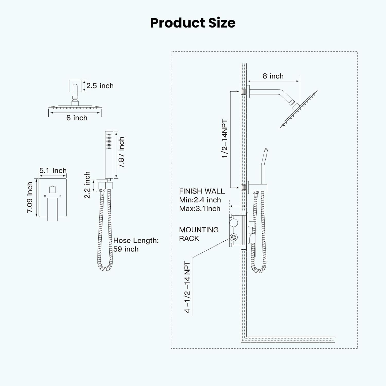 gotonovo Rainfall Bathroom Shower System Rain Shower Head and Handle Set Wall Mounted Shower Complete Combo Solid Brass Pressure Balancing Shower Mixer Valve 8 Inch Matte Black