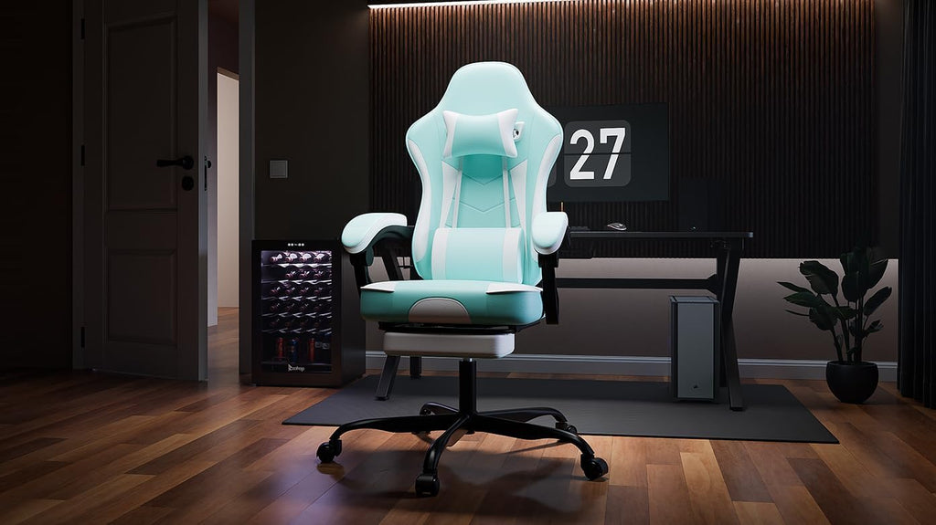 Gaming Chair with Massage and Footrest, Ergonomic High Back PC Racing Chair, 300LBS Capacity with Adjustable Lumbar Support & Headrest for Office and Desk (Model E, Green+White)