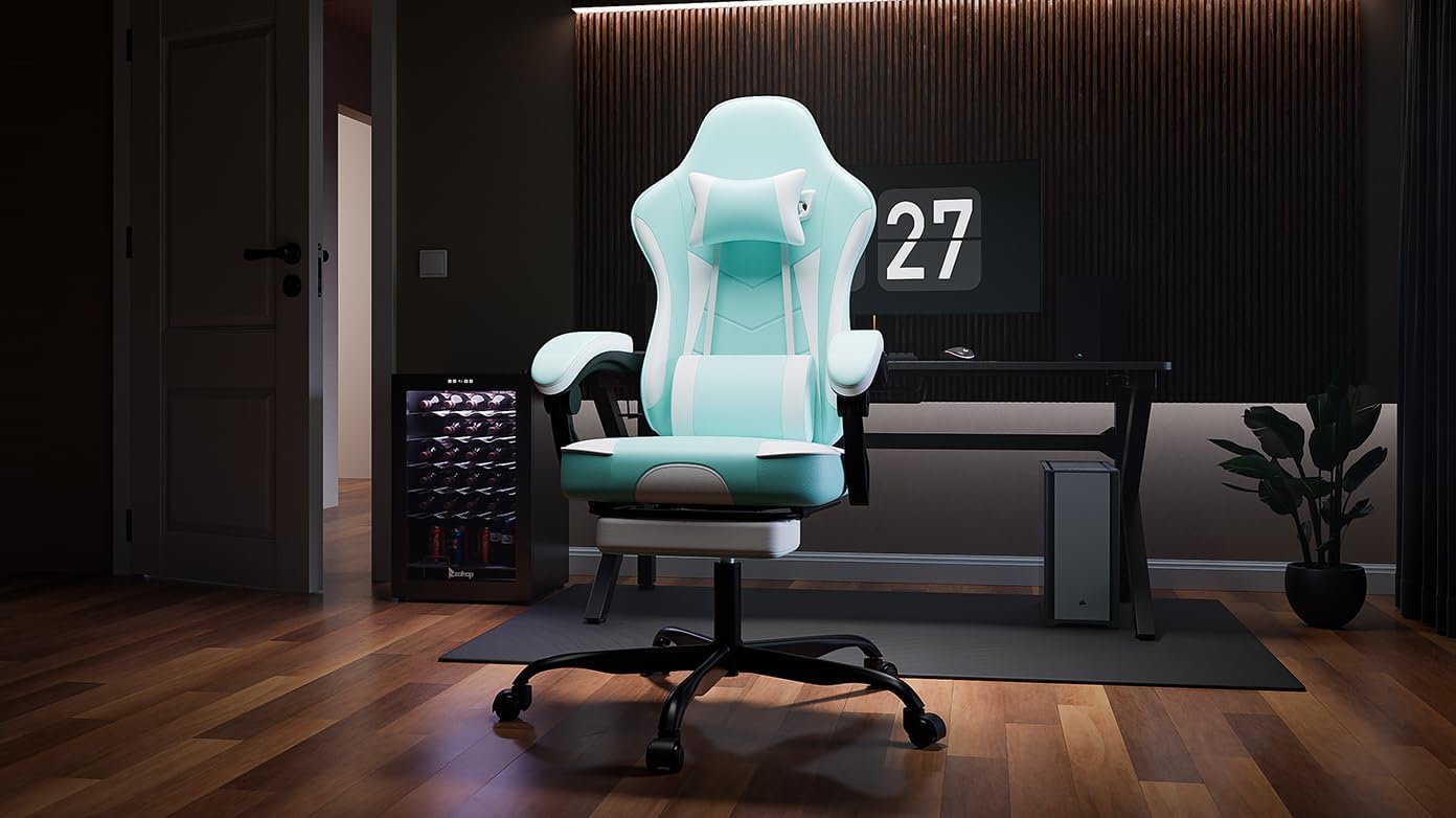 Gaming Chair with Massage and Footrest, Ergonomic High Back PC Racing Chair, 300LBS Capacity with Adjustable Lumbar Support & Headrest for Office and Desk (Model E, Green+White)