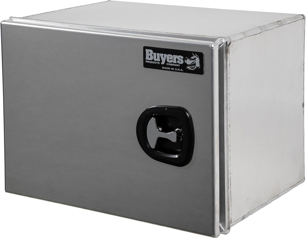 Buyers Products 1705401 Pro Series 18x18x24 Smooth Aluminum Underbody Truck Tool Box, Single Barn Door, Compression Latch, 0.125 in Thick, Rain Gutter & Bulb Seal, Bolt-On Stainless Hinge