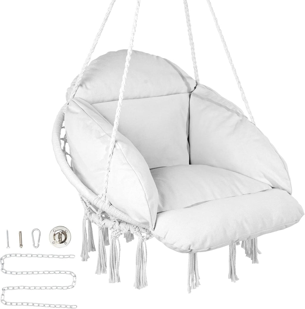 Happybuy Hanging Hammock Swing Chair, Cotton Rope with Cushion and Mounting Hardware, Macramé for Bedroom, Balcony, Patio, Garden, 264 lbs Capacity, White