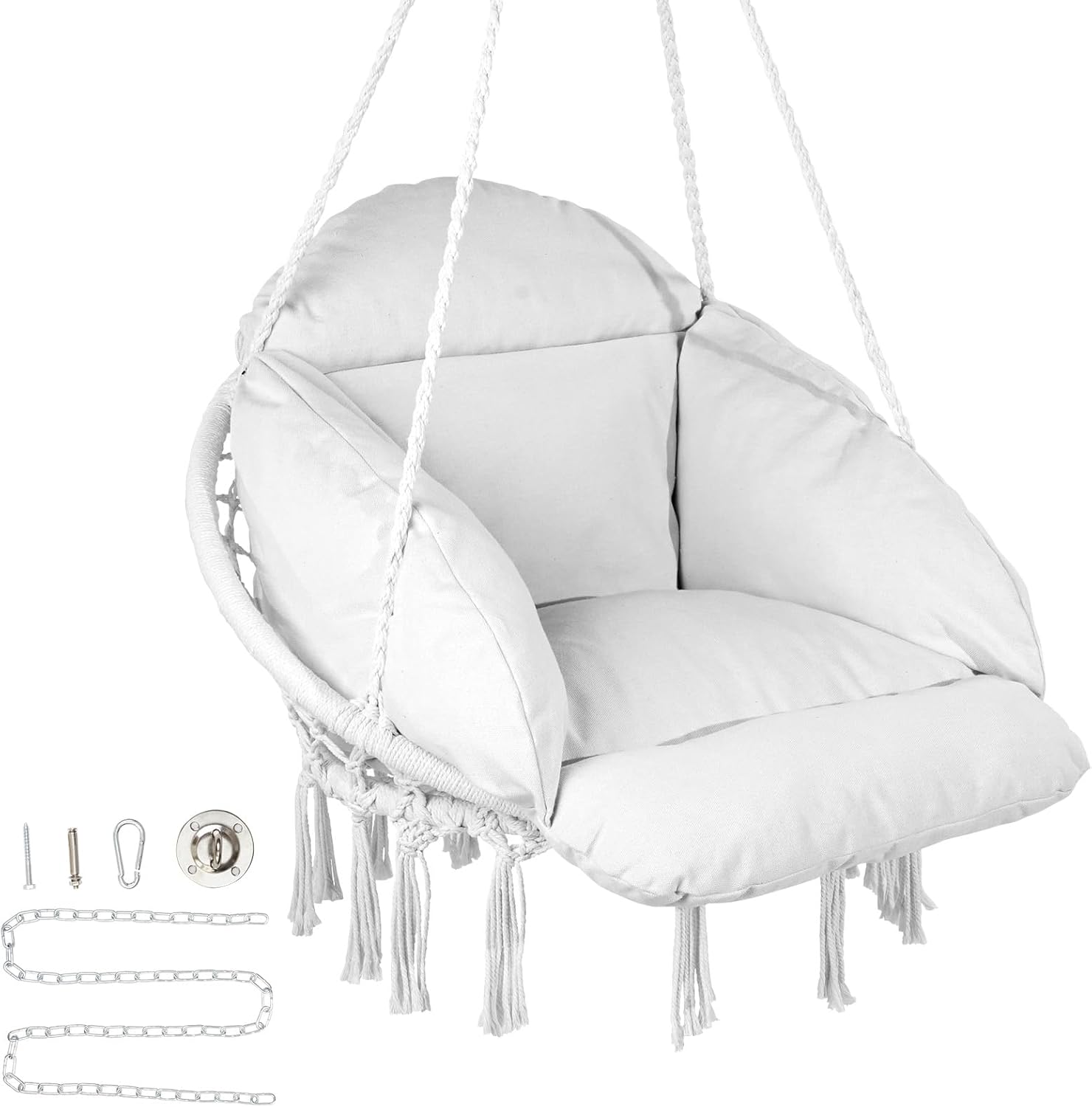 Happybuy Hanging Hammock Swing Chair, Cotton Rope with Cushion and Mounting Hardware, Macramé for Bedroom, Balcony, Patio, Garden, 264 lbs Capacity, White