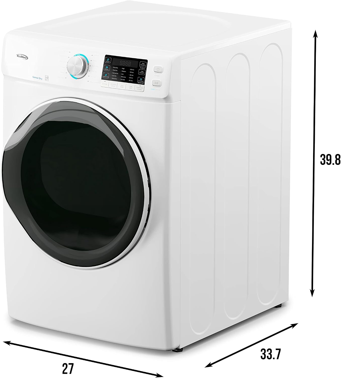 KoolMore 27' Front Load X-Large 8 Cu. Ft. Dryer, Large Capacity Home Unit with Wrinkle Release Steam Function and Smart Sensor Dry Technology, Stainless-Steel Drum [White] [240V] (FLD-8CWH)