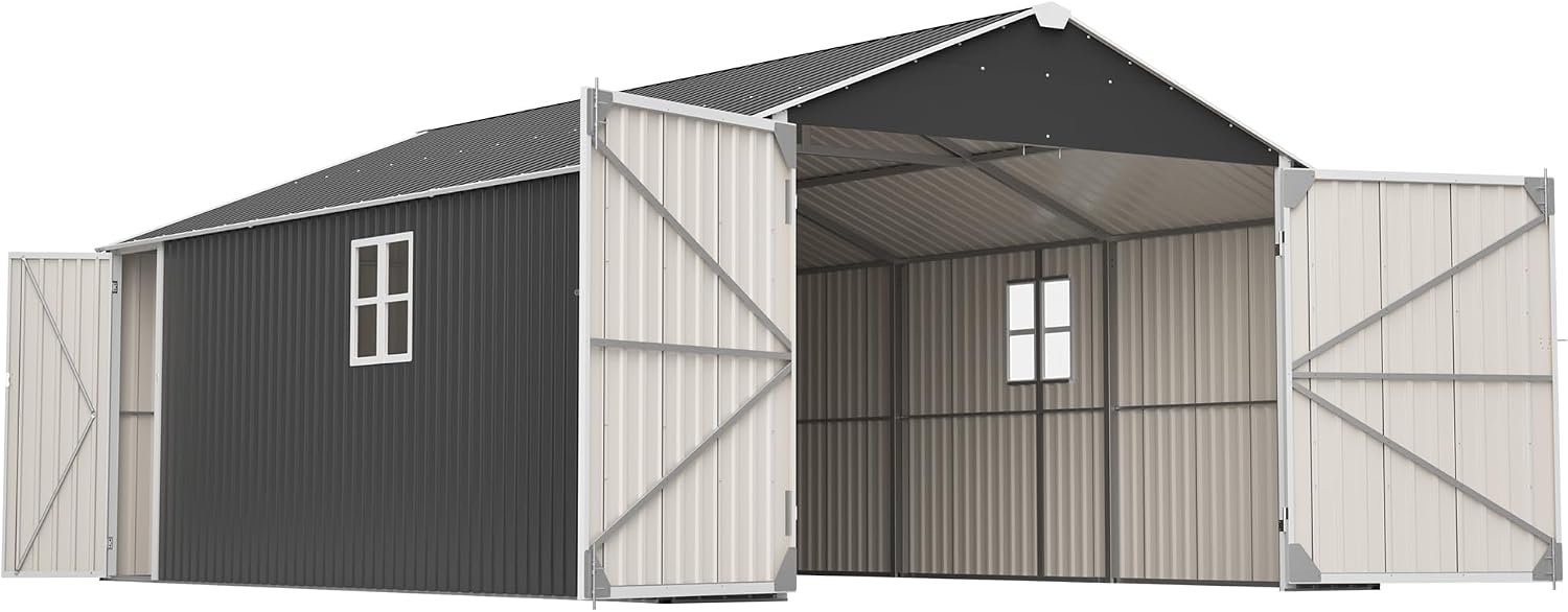 KEIKI 12x20 FT Outdoor Metal Storage Shed Garage with Double Doors, Large Capacity Steel Utility Shed for Vehicle Equipment and Garden Tool Storage, Weather Resistant Backyard Shed