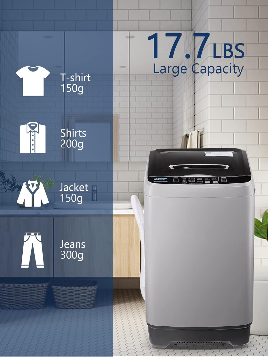 KRIB BLING Full Automatic Washing Machine with LED Display, 17.7 lbs Washer Drain Pump, 10 Programs & 8 Water Levels Selections, Ideal for Apartment, Dorm, Grey