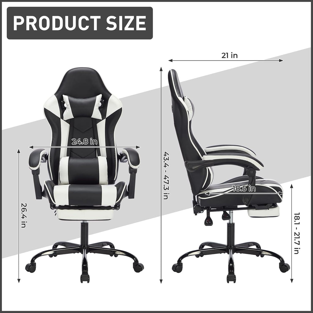 Gaming Chair with Massage and Footrest, Ergonomic High Back PC Racing Chair, 300LBS Capacity with Adjustable Lumbar Support & Headrest for Office and Desk (Model C, Black+White)