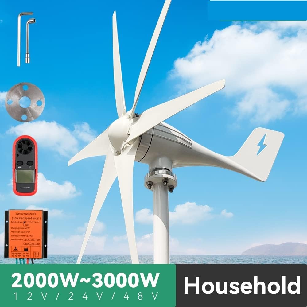 Wind Turbine Generator Kit, Windmills Wind Turbine Generator Kit 2000W 3000W 12V 24V 48V With Mppt Charge Controller 3 5 6 Blades Home Use for Hybrid Solar Wind System(With Mppt Controller,12V_3000W)