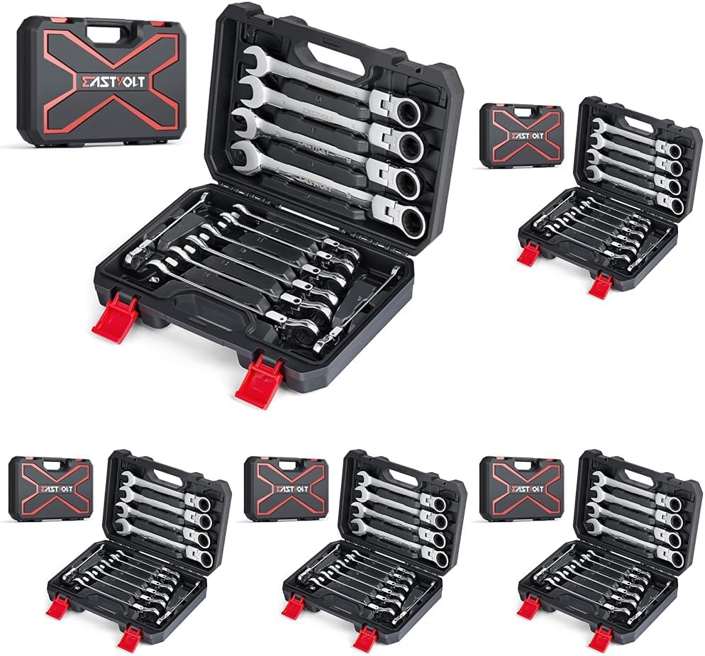 Eastvolt 12-Piece Flex-Head Ratcheting Wrench Set, Metric 8mm-19mm, Combination Ended Spanner kits, Chrome Vanadium Steel with Toolbox, EVHT1201 (Pack of 5)
