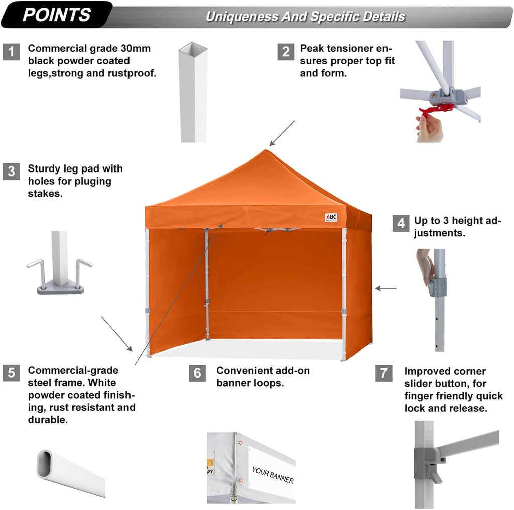 ABCCANOPY Easy Pop Up Canopy Tent with Sidewalls 10x10 Commercial -Series, Orange