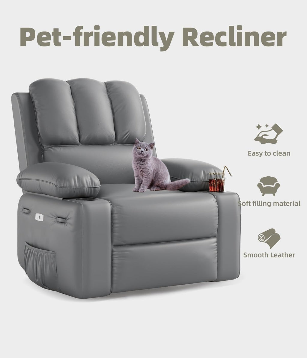 GarveeHome Oversized Recliner Chairs with Heat and Massage, Lazy Recliner Chair for Adults- Manual Chair with Cup Holder for Living Rooms, Bedrooms and Nurseries (Grey)