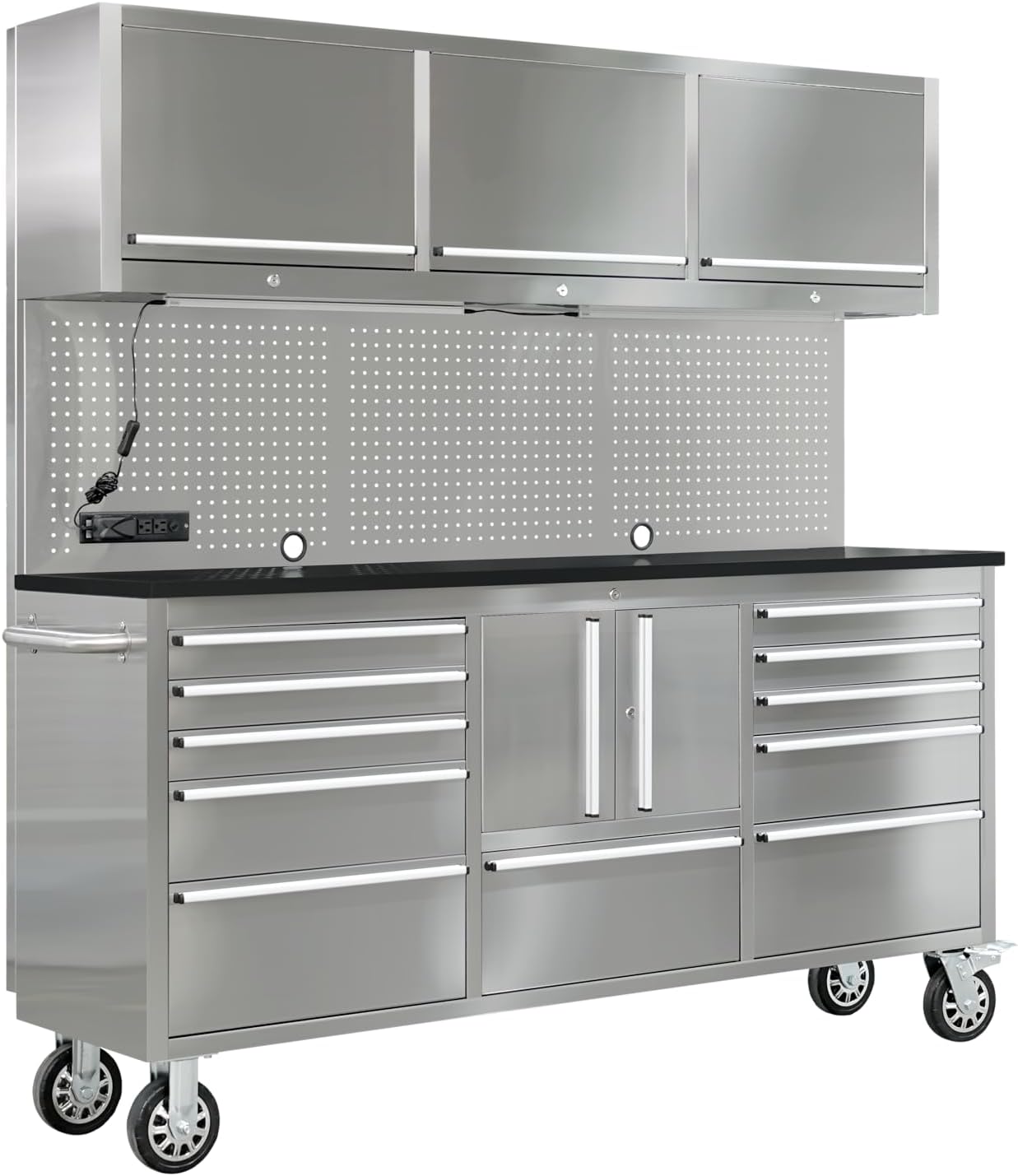 CHETTO C Tool Box Tool Chest with Wheels Mobile 15 Drawer Storage 3 Upper Cabinet Power Outlet SS-Pegboard with Wheels Lock Key Locking System Drawer Liners Light 72 inch
