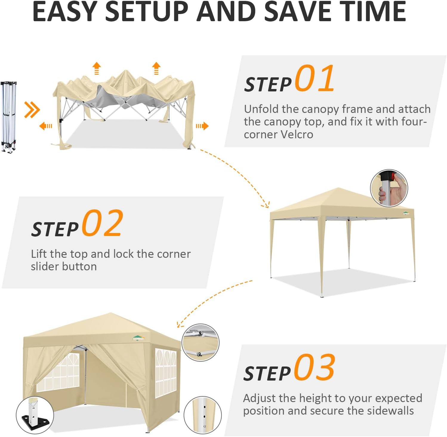 COBIZI 10x10 Pop Up Canopy Tent with 4 Sidewalls,10x10 Easy Up Waterproof Canopy Tents for Parties Camping Exhibition, Outdoor Easy Set U Gazebo Tent with Carry Bag,8 Stakes & 4 Ropes (Khaki)