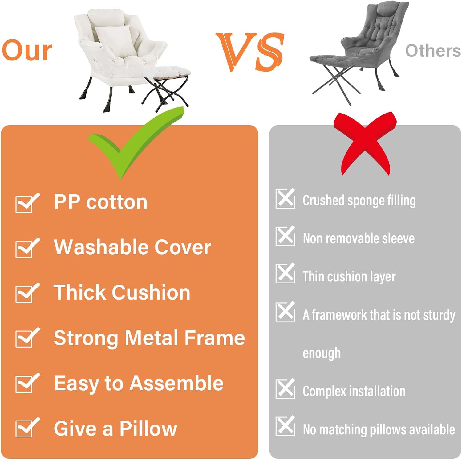 Lazy Chair with Ottoman, Large Accent Chair with Ottoman and a Throw Pillow, Beige Reading Chair for Living Room Bedroom Dorm Room Office Apartment Relaxing Use