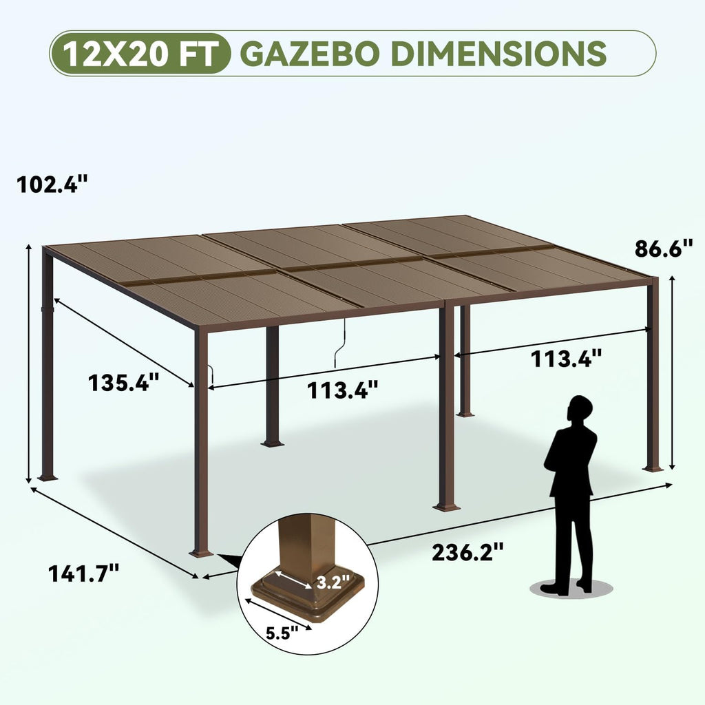 Gazebo 12x20 with Adjustable Polycarbonate Roofs, All Aluminum Frame Permanent Pergola for Patio, Outdoor Freestanding Shelter, Dark Brown