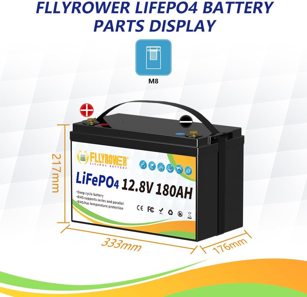 FLLYROWER 12V Lithium Battery 180AH With BMS and 16500 Deep Cycles 12V 180AH Lifepo4 Battery Grade A Cells for Marine Trolling Motor RV camping Solar Golf Cart Off-Grid
