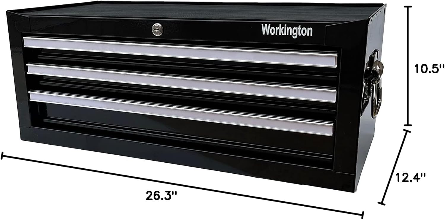Workington Industrial 3 Drawers Portable Metal Intermediate Box, 26' Middle Tool Chest Cabinet with Ball Bearing Drawer Slides, Steel Tool Storage Box Organizer 4009 Black