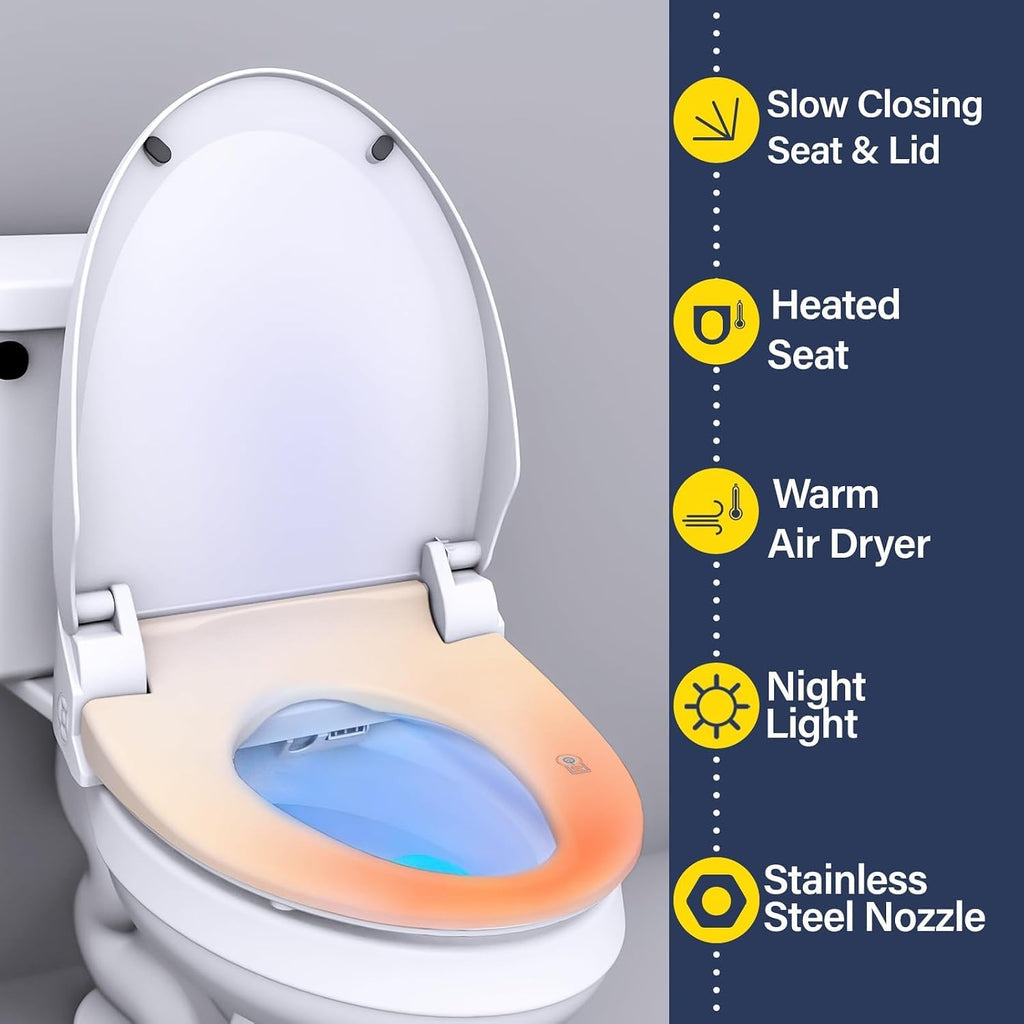 Bidet Toilet Seat 102S-W, Electronic Heated Seat with Unlimited Warm Water for Bathroom, Remote Control, Turbo Wash & Dryer, Night Light, Easy Install-Perfect for Home Bathroom Use