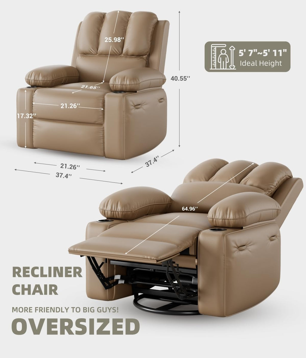 Oversized Recliner Chairs with Massage and Heat, Leather Recliner Chair for Adults, Manual Chair with Cup Holder for Living Room, Bedroom and Nursery (Tan-1)