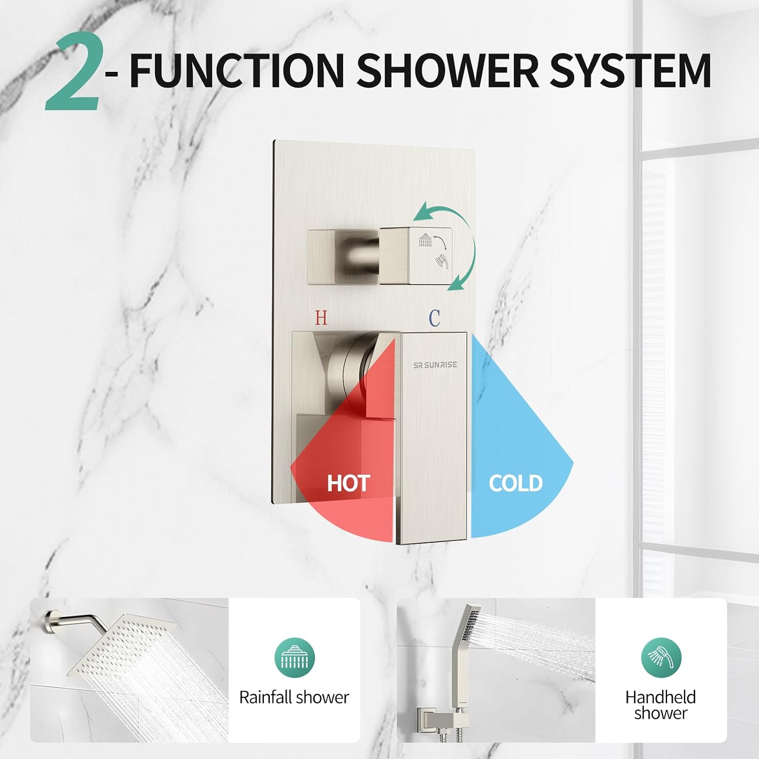 SR SUN RISE Shower Faucet Set - Shower Valve with 8 Inch Rainfall Shower Head and Handheld Shower - Wall Mounted Shower System with Rough In Valve and Shower Faucet Trim Repair Kits - Brushed Nickel