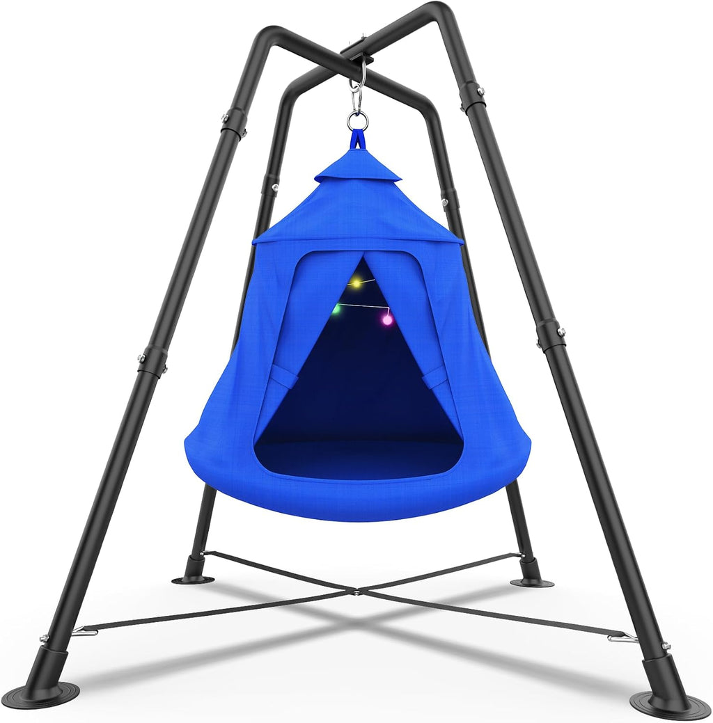 Swing Set with Tent Swing, X-Shaped Swing Frame with Sensory Swing, Tent Swing with Swing Stand, Hammock Chair with Stand, 330 lbs Capacity, w/Rainbow Lights String, Indoor/Outdoor Use(Blue)