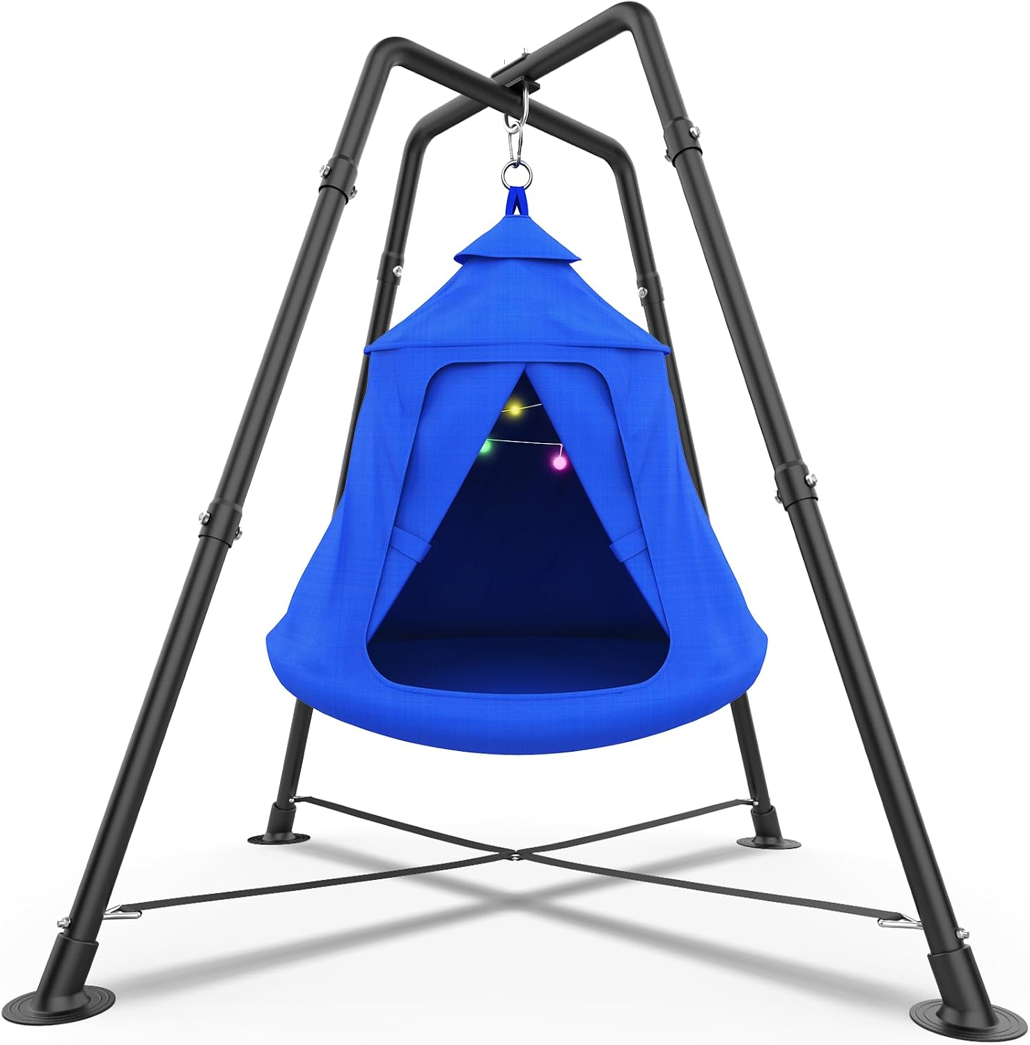 Swing Set with Tent Swing, X-Shaped Swing Frame with Sensory Swing, Tent Swing with Swing Stand, Hammock Chair with Stand, 330 lbs Capacity, w/Rainbow Lights String, Indoor/Outdoor Use(Blue)