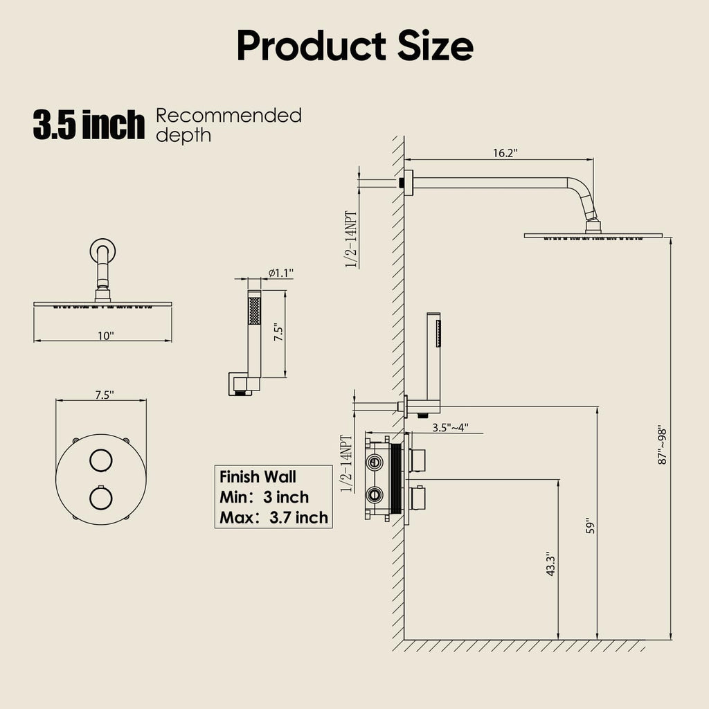 Gabrylly Thermostatic Shower Faucet Set, All Metal Shower System with Anti Scald Shower Valve, High Pressure 10' Rain Shower head with Handheld Spray Combo, Matte Black