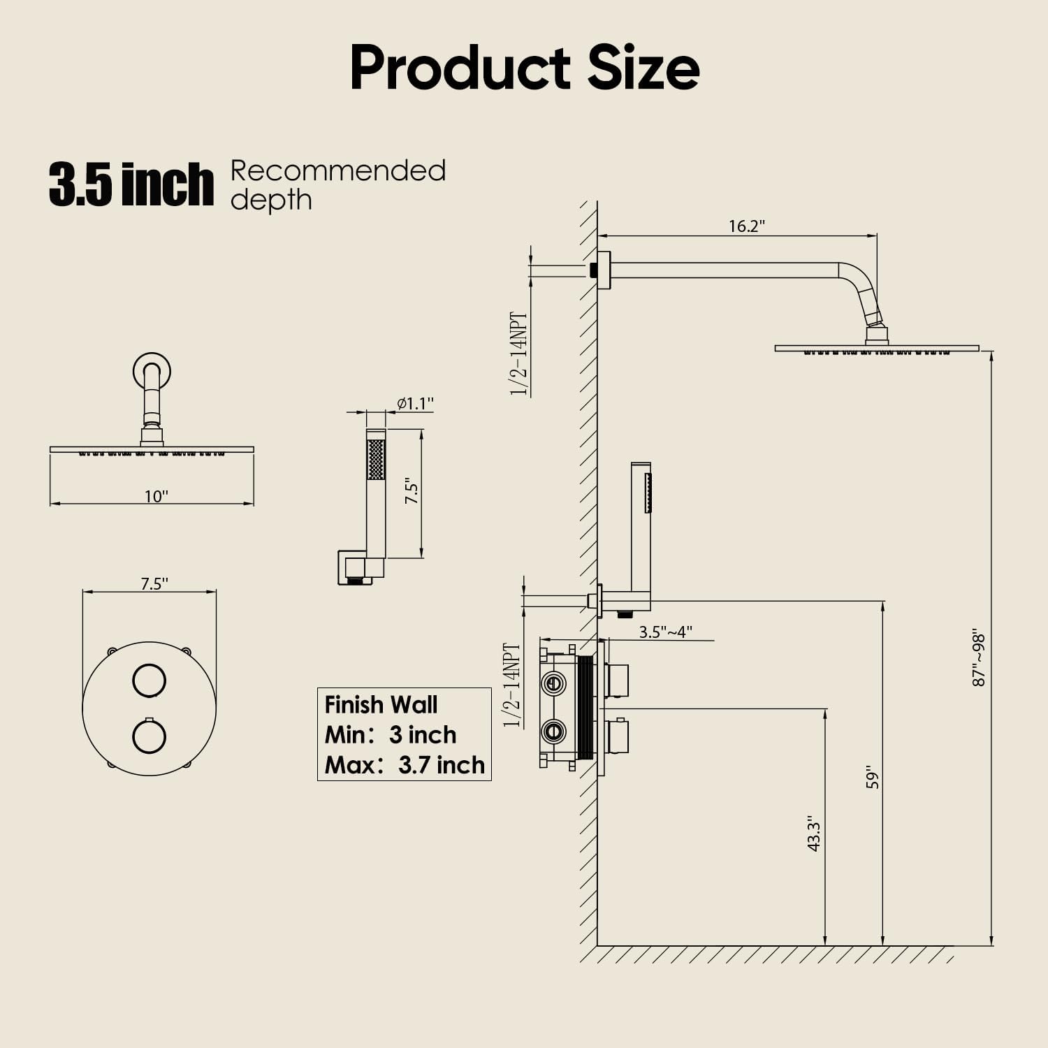 Gabrylly Thermostatic Shower Faucet Set, All Metal Shower System with Anti Scald Shower Valve, High Pressure 10' Rain Shower head with Handheld Spray Combo, Matte Black