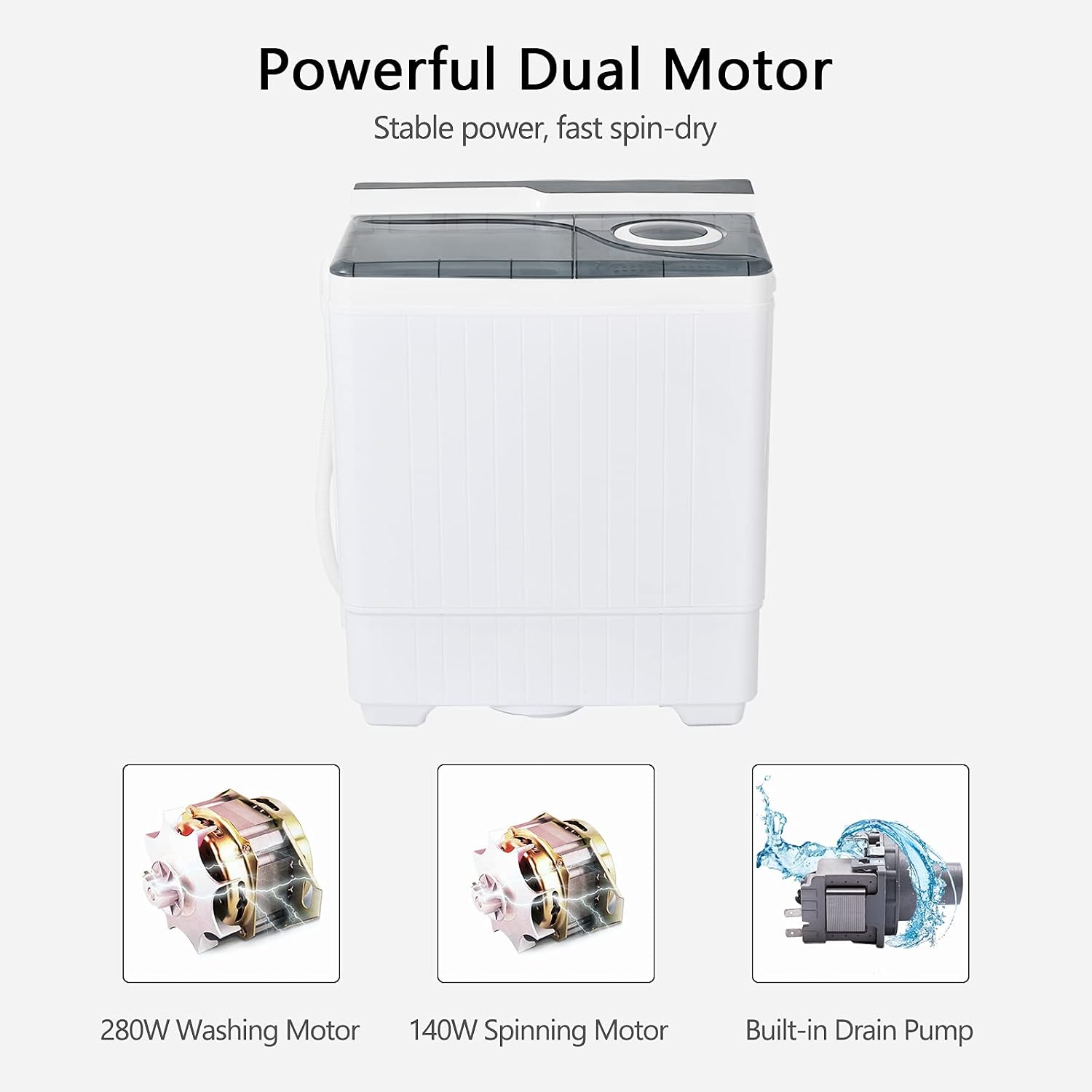 COSTWAY Portable Washing Machine, Twin Tub 26 Lbs Capacity, 18 Lbs Washer and 8 Lbs Spinner, Compact Washer with Control Knobs, Timer Function, Drain Pump, Laundry washer for Apartment RV, Grey