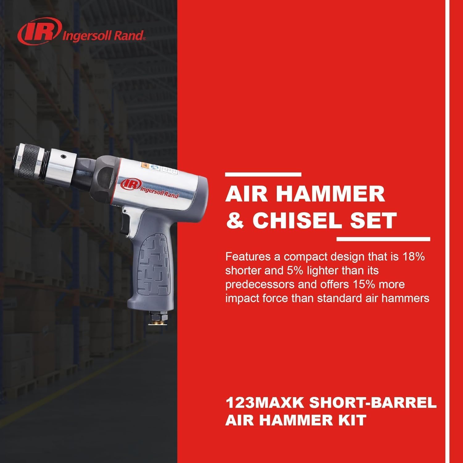 Ingersoll Rand 123MAXK Vibration Reduced Air Hammer 5-Piece Chisel Set, 3,530 BPM, 2-5/8' Stroke, Round Shank