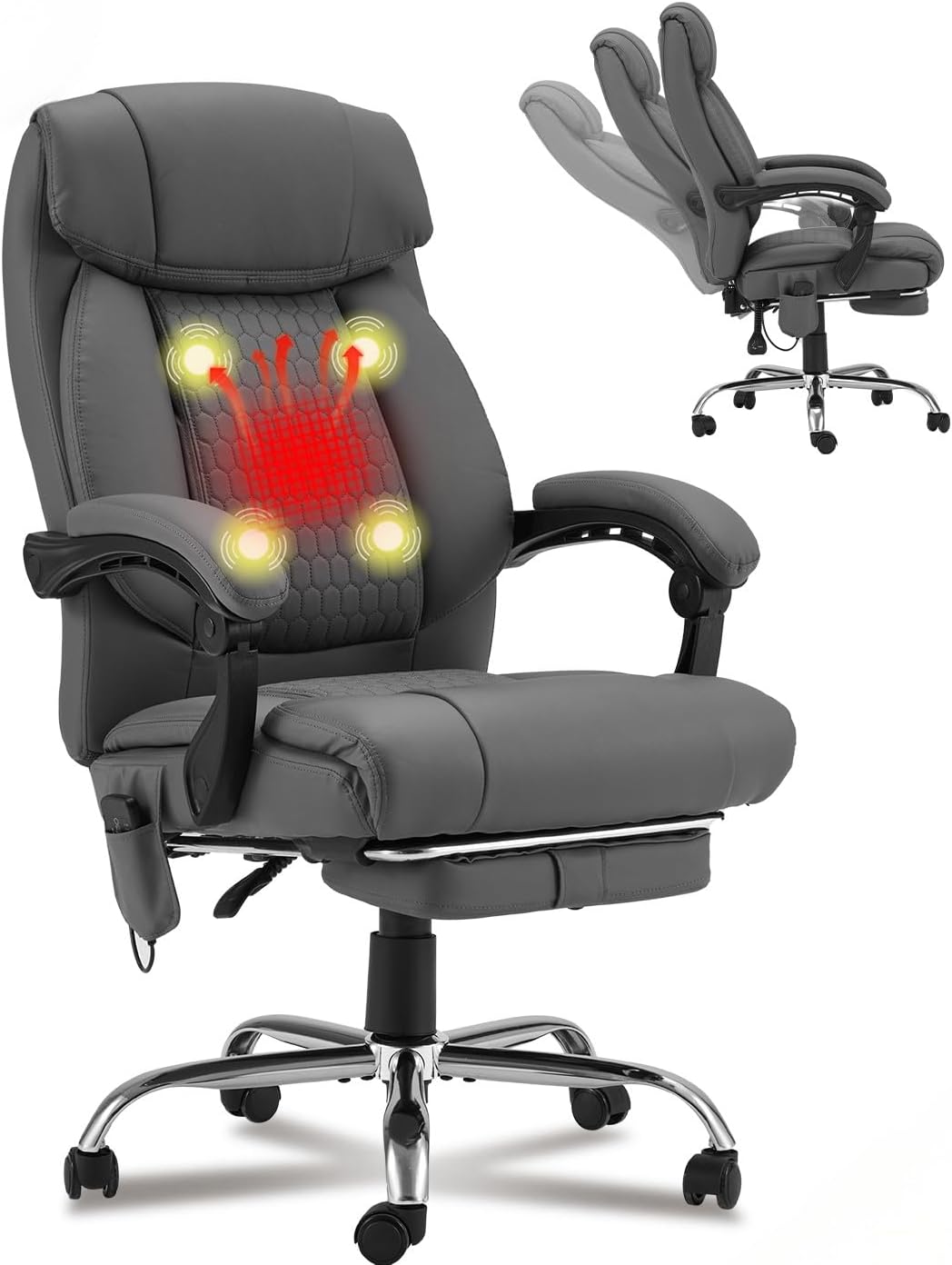 HOMREST 4-Point Massage Office Chair with Heating and Footrest, Reclining Executive Leather Desk Chair, Ergonomic Heated Managerial Chair for Home Office, Grey