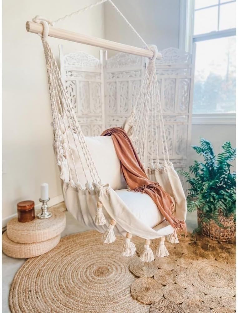 Cream White Hammock Chair, Macrame Hanging Chair for Bedroom, Porch or Balcony, Swinging Bed Seat, 53' L x 33' W, Cozy Relaxation Spot