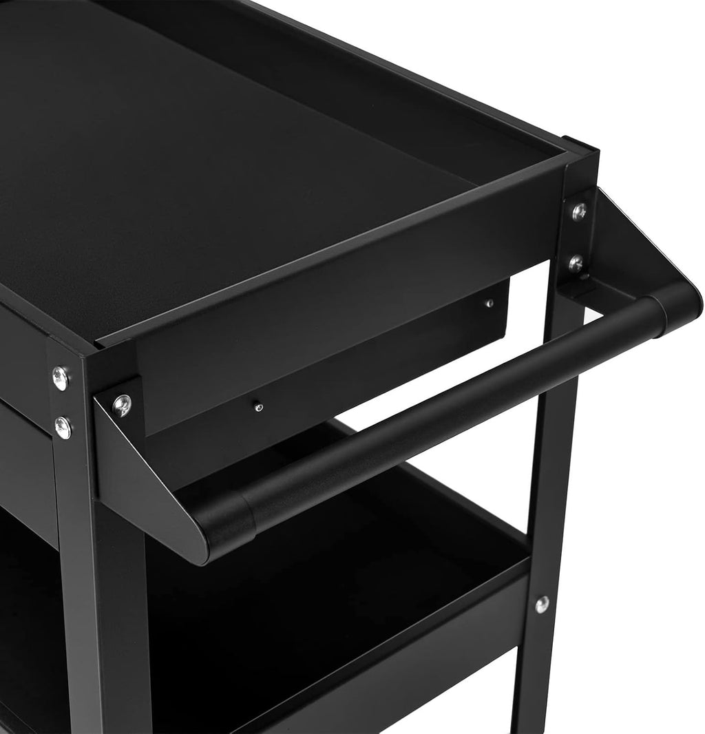 3 Tier Tool Cart on Wheels, Heavy Duty Industrial Utility Service Cart with Drawer, Rolling Mechanic Tool Box Organizer for Garage Warehouse Workshop Repair Shop, 330 LBS Capacity (Black)