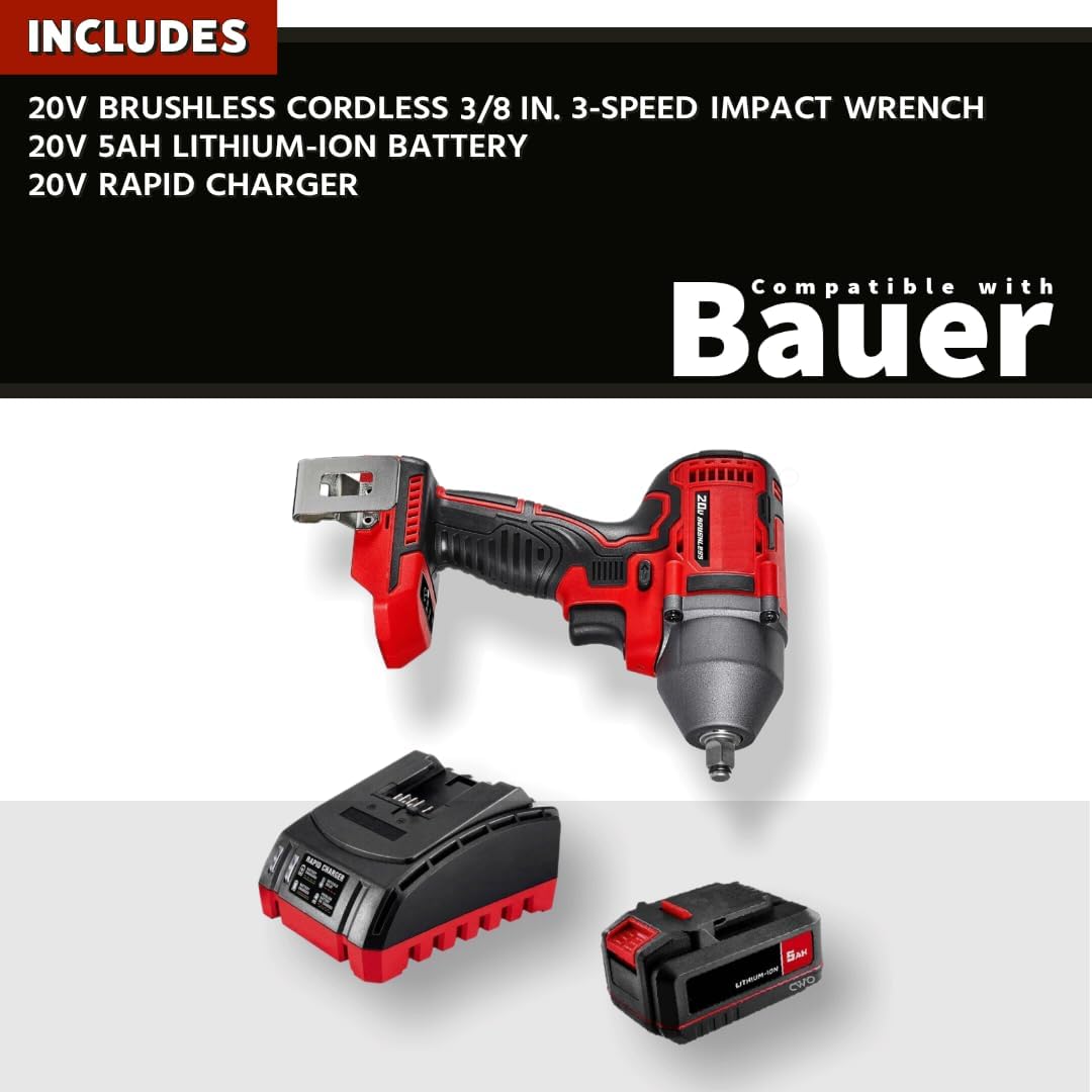 NEW! 20-Volt Lithium-Ion Cordless Combo Kit (Complete Power Tool Bundle) with 20V Brushless Cordless 3/8 in. 3-Speed Impact Wrench, 5Ah Lithium Ion Battery & Rapid Charger - Fits All BAUER 20V Tools
