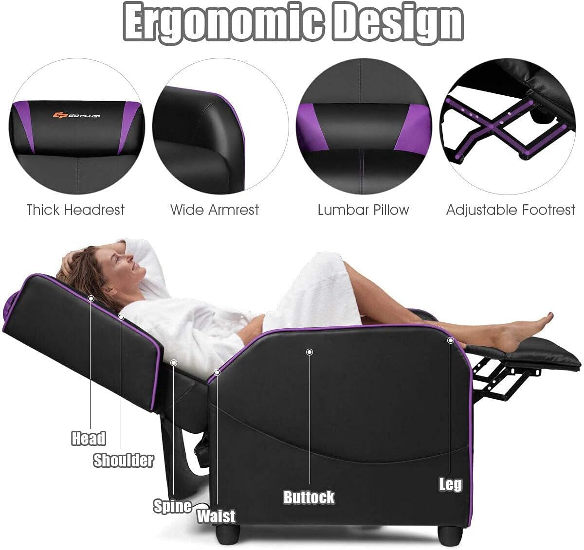 LDAILY Massage Recliner Chair, Racing Style Gaming Chair w/Massage Lumbar Cushion, Footrest & Headrest, Ergonomic PU Leather Single Recliner Sofa for Living Room Home Office (Purple)