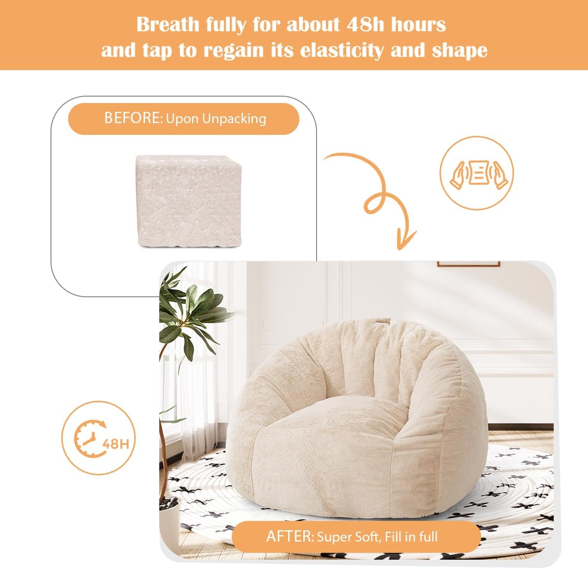 Giant Bean Bag Chair, Lazy Sofa Bean Bag for Teens Adults, Shell Shaped Big Comfy Sofa with Armrests for Bedroom Living Room, Bean Bag Lazy Chair for Gaming, Reading - Beige