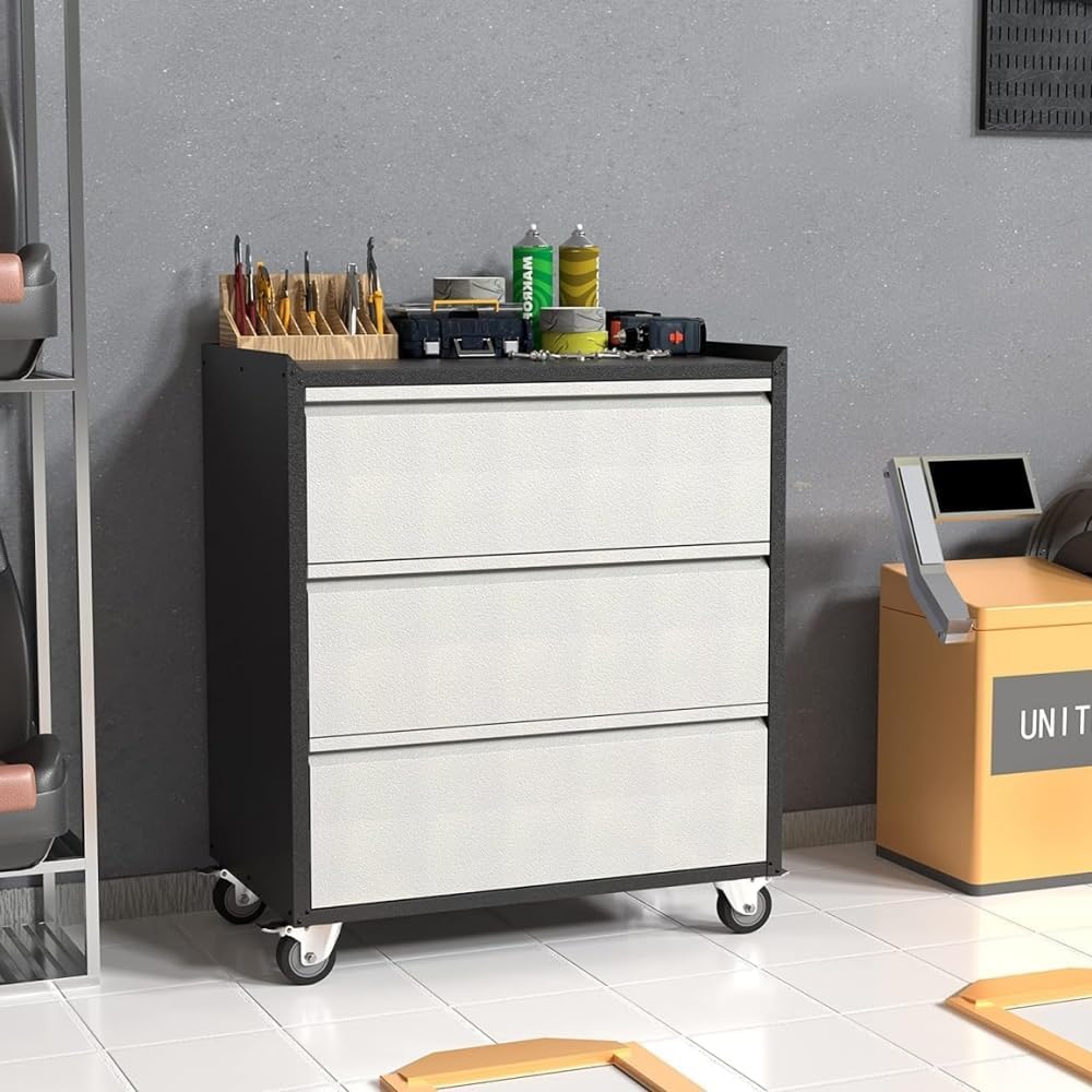 3 Drawer Garage Storage Cabinet on Wheels, Small Metal Tool Cabinet with Drawers, Tool Chest for Home, Office, Workshop, Utility Room, Assembly Required, Black/Gray