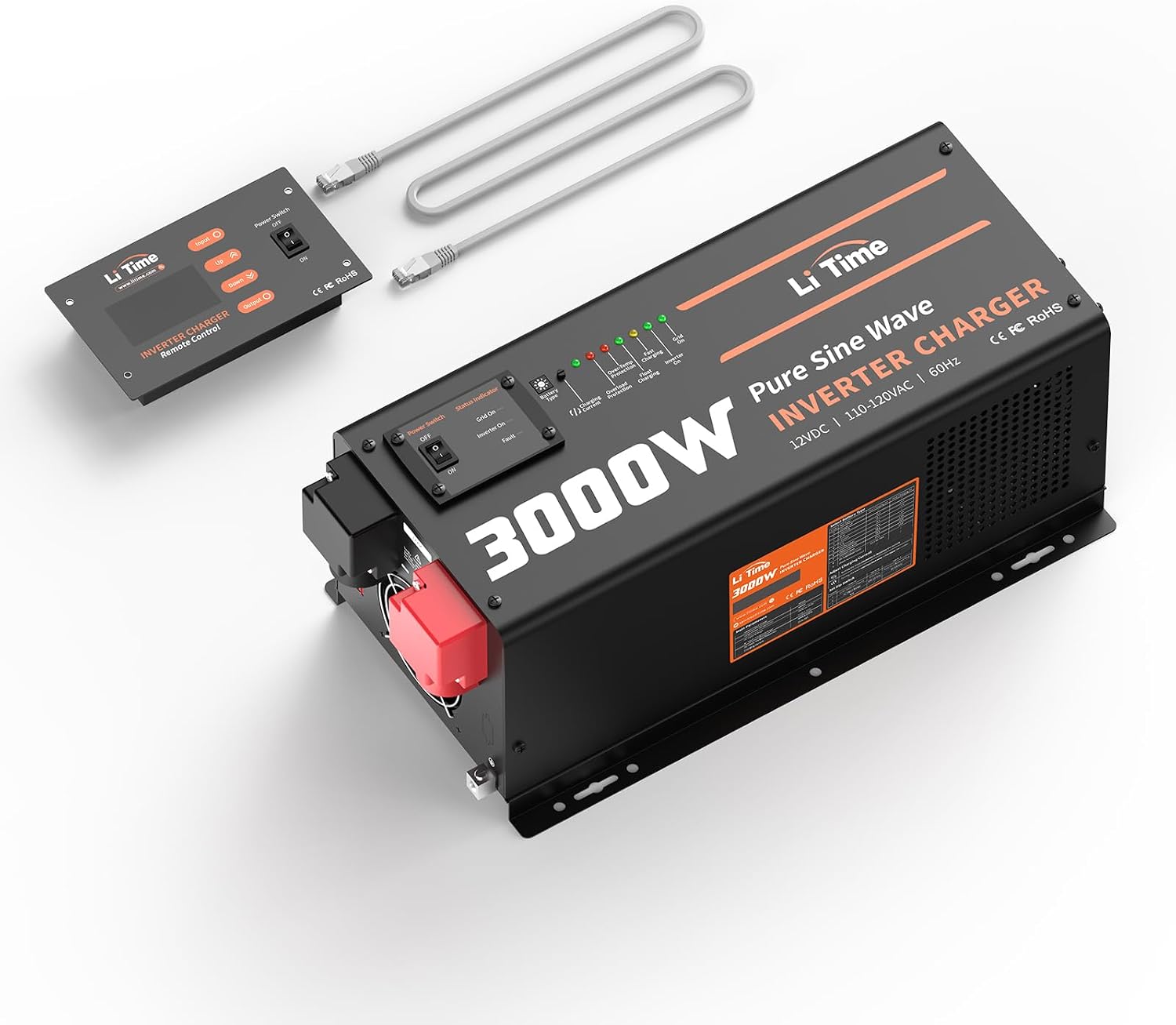 LiTime 3000W Inverter Charger, Pure Sine Wave Inverter 12V DC to 120V AC, 9000W Peak Power, UPS Function, 5A - 45A Adjustable Current, LCD Remote Control for RV, Home Backup, Truck, Boat