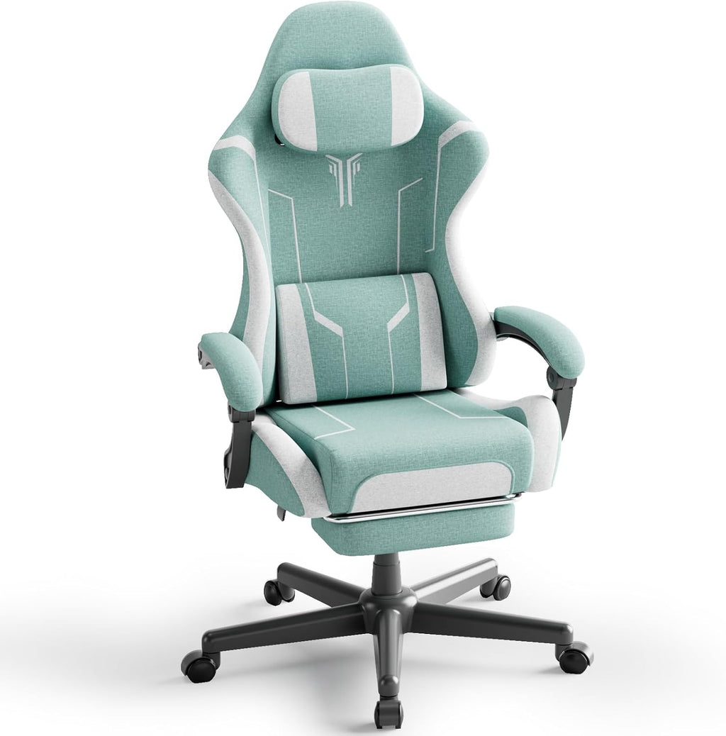 Ferghana Gaming Chair, Cloth Fabric Ergonomic Computer Chair with Massage Lumbar Support, High Back Office Game Chair with Footrest and Linkage Armrest for Adult, Green/White