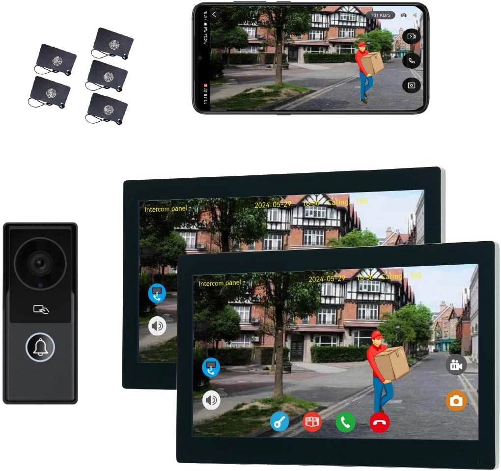 2pin-Wired 2MP HD Indoor 10' WiFi Monitor Smart Home Video Doorbell Intercom System, Remote APP Phone Unlock Video Record Motion Detect 2-Way Talk IR Camera Door Bell 1x doorbell + 2 x 10in Monitor