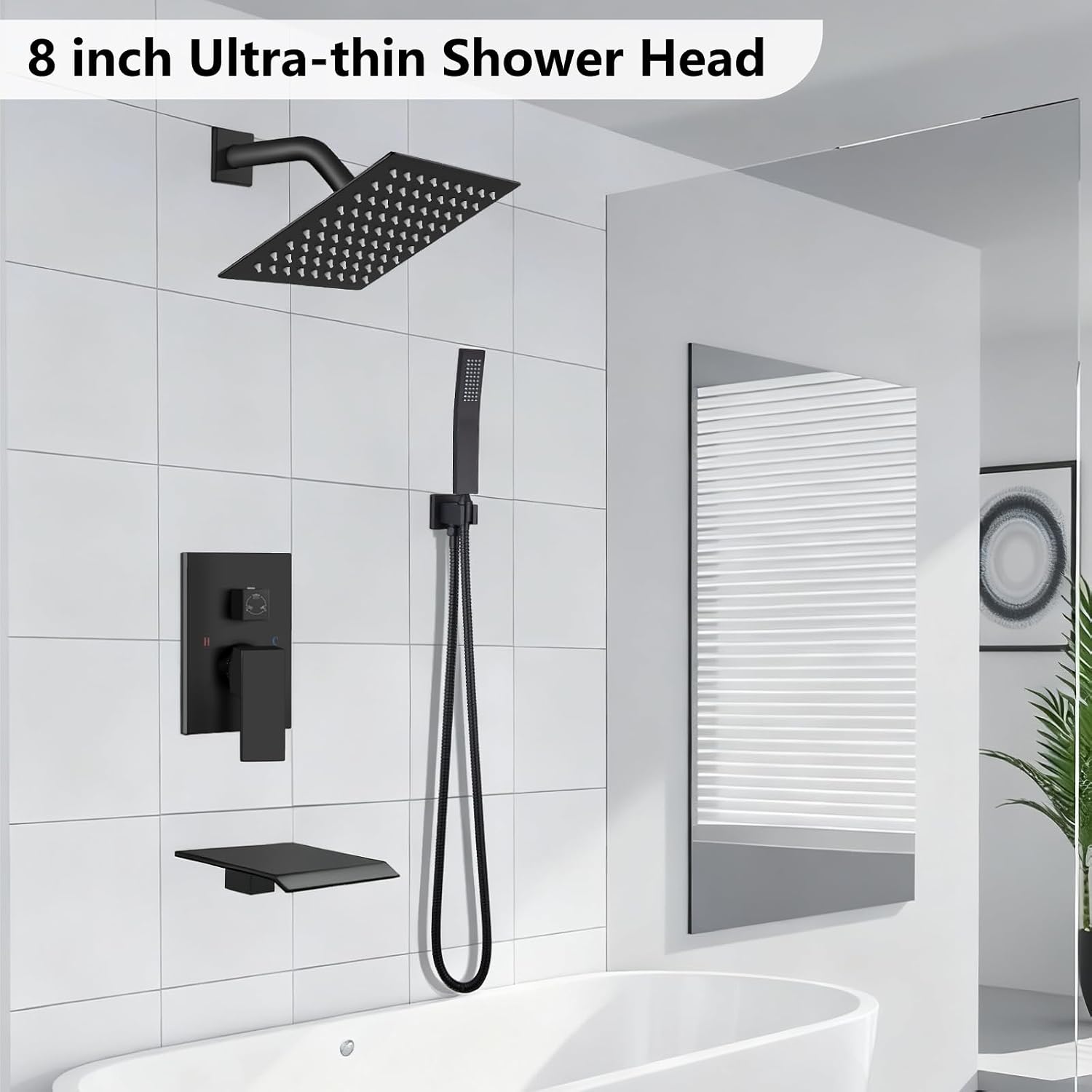 Midanya Shower System with Tub Spout,Bathtub Shower Faucet Set with Square Rainfall Head and Handheld Sprayer Wall Mount Tub Faucet Set with Valve and Trim Kit,8 Inch Matte Black