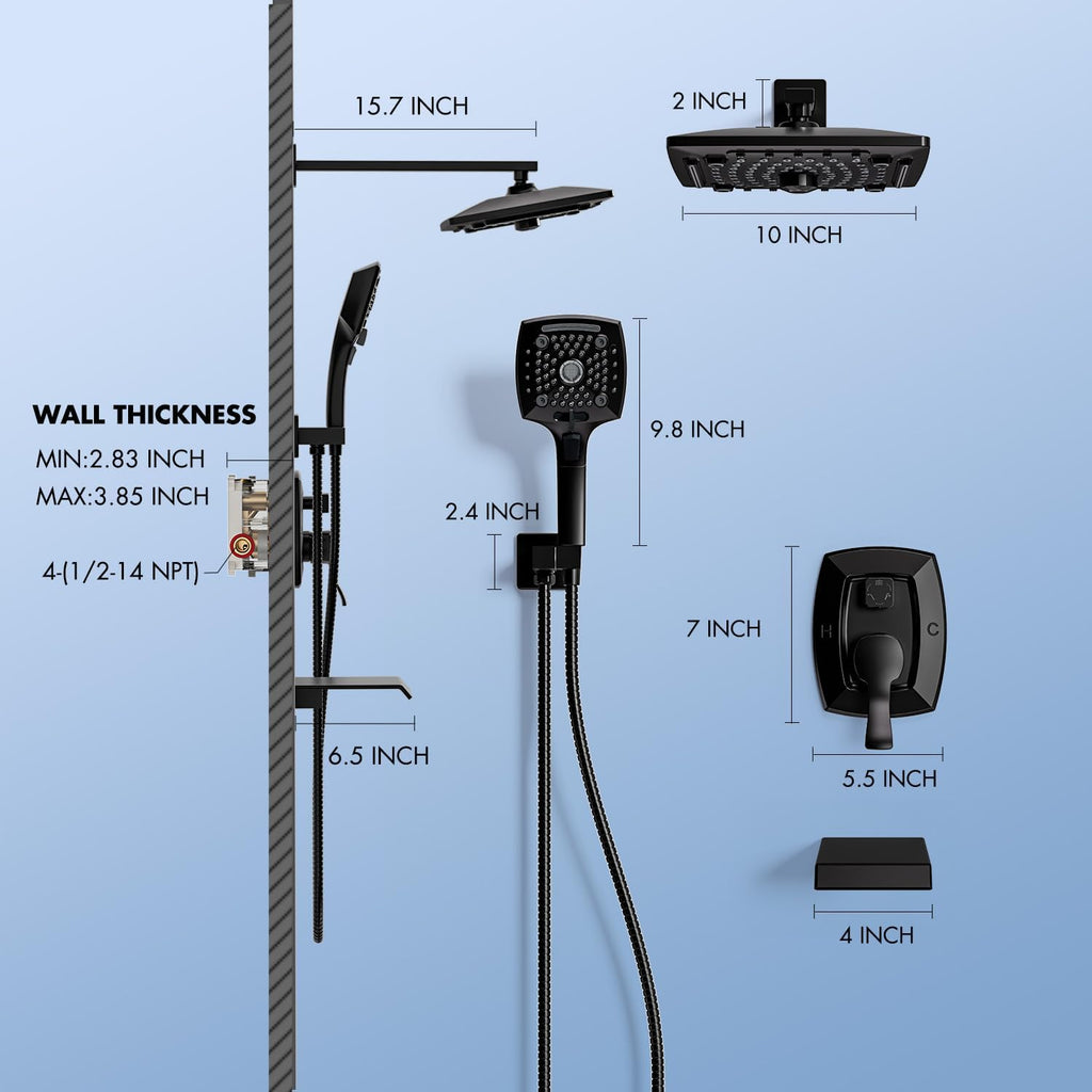 ELLO&ALLO Matte Black Tub Shower Faucet Set with Valve and Trim Kit, Rainfall Waterfall Shower Head with Handheld Combo