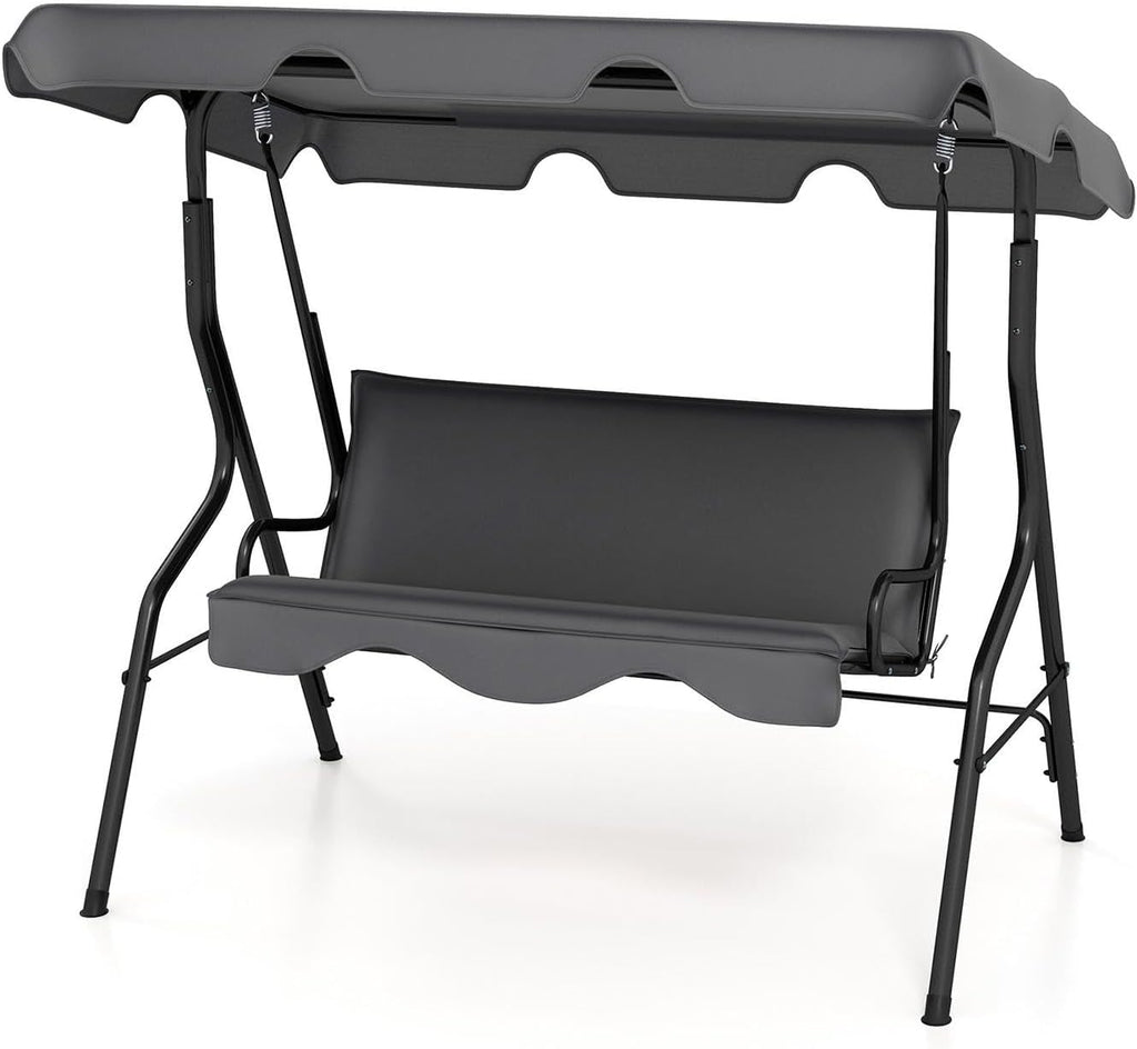 DREAMADE Porch Swing Outdoor, 3 Person Patio Swing w/Removable Cushion, Stand & Adjustable Canopy, Heavy Duty Swing Chair for Patio, Garden, Courtyard, Poolside