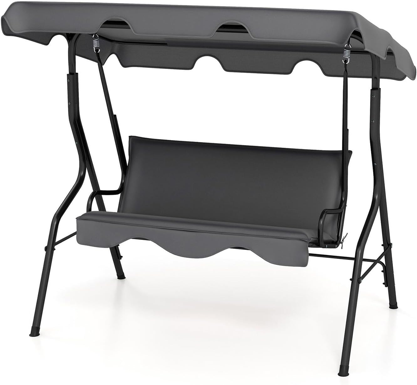 DREAMADE Porch Swing Outdoor, 3 Person Patio Swing w/Removable Cushion, Stand & Adjustable Canopy, Heavy Duty Swing Chair for Patio, Garden, Courtyard, Poolside