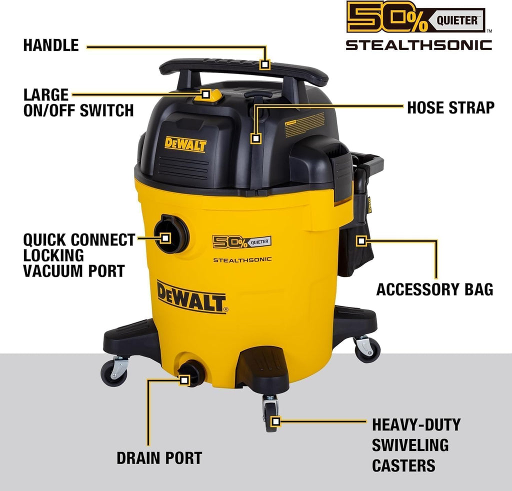 DEWALT 12 Gallon STEALTHSONIC Ultra Quiet Poly Wet Dry Vacuum, DXV12P-QTA Powerful Suction Noise Reduction Vac, 5.5 Peak HP Shop Vacuum for Jobsite/Workshop, Reduce Motor Noise