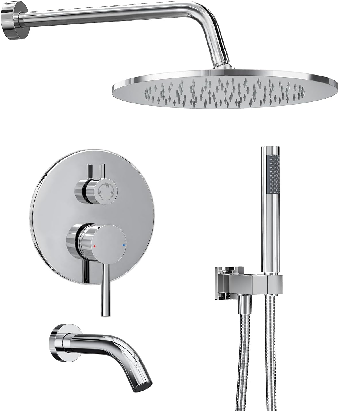 Gabrylly Shower System with Tub Spout, Bathtub Shower Faucets Set with 3-Way Shower Valve, High Pressure 10' Rain Shower head with Handheld Spray Combo, Wall Mounted Rainfall Shower Head Set, Chrome