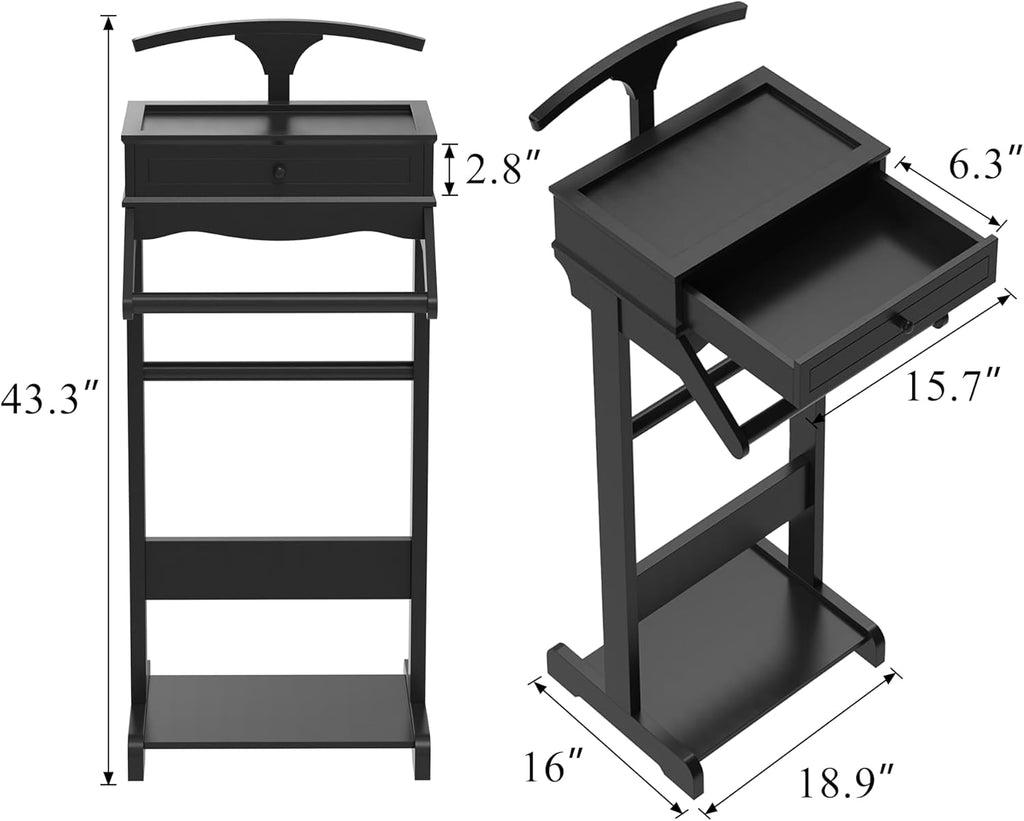 Mens Valet Stand with Drawer, Top Tray, Shoe Shelf and Suit Rack, Wooden Clothes Valet Stand for Bedroom Entryway
