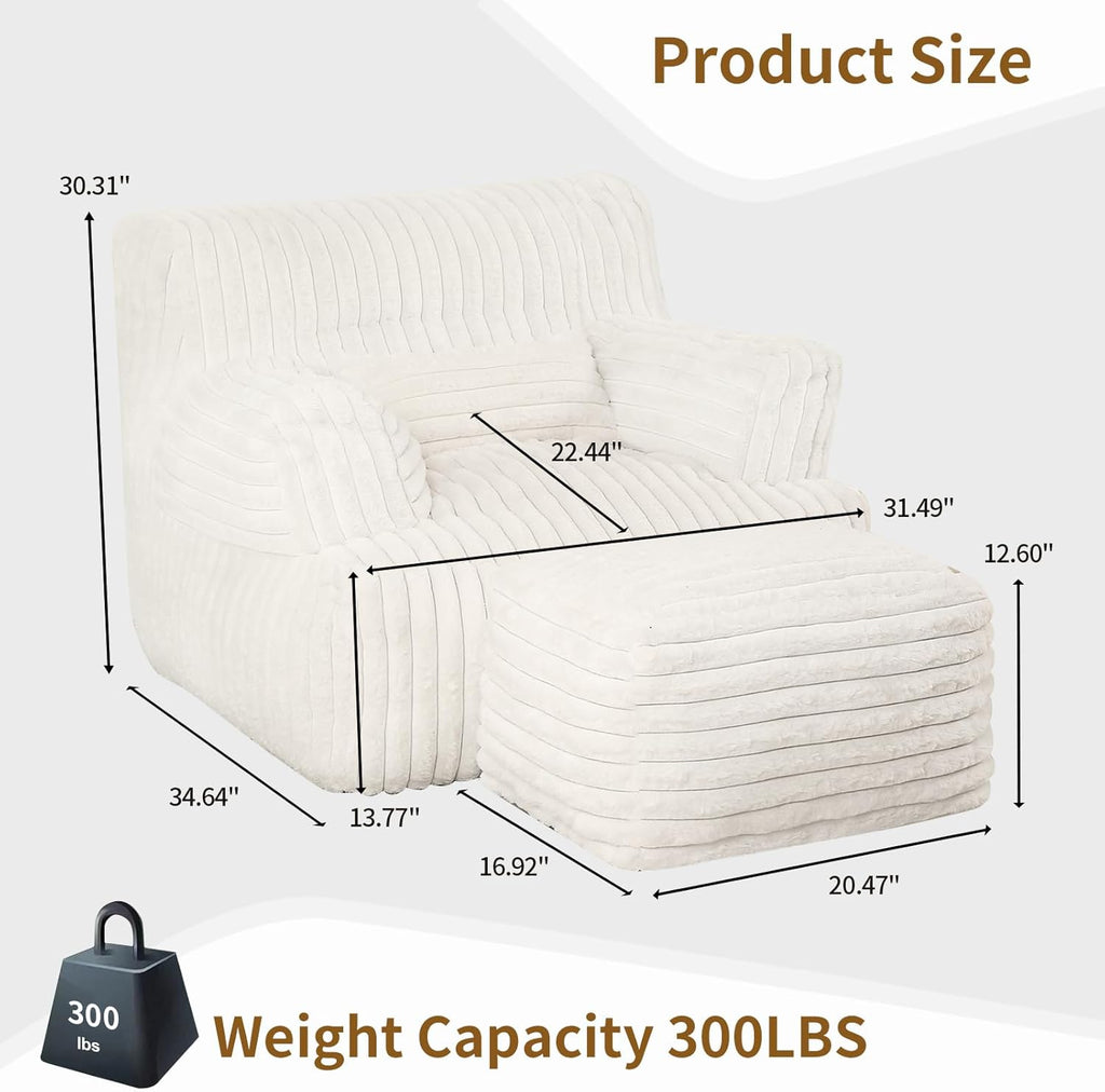 MOMCAYWEX Comfy Gaint Bean Bag Chair with Ottoman, Fluffy Huge Bean Bag Armchair for Adults and Teens, Cream
