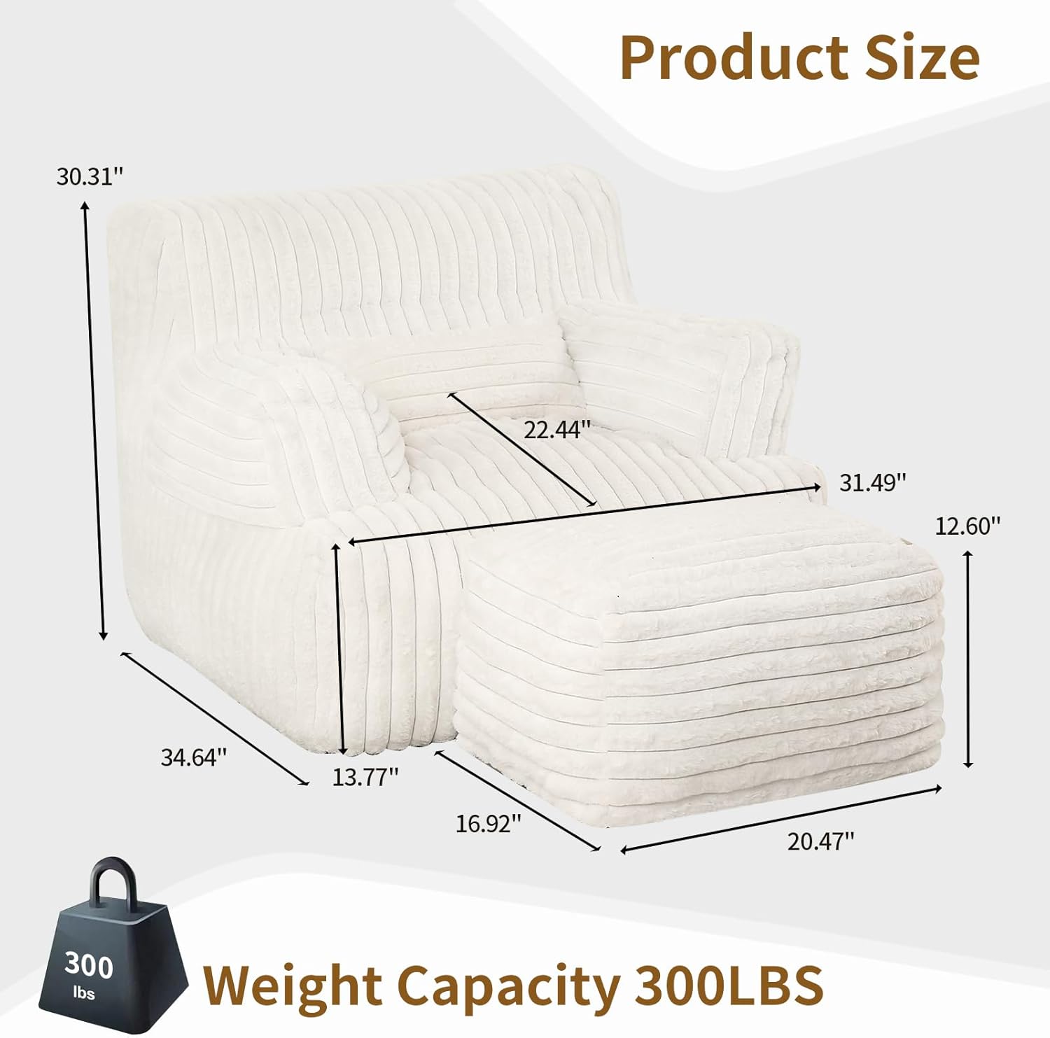 MOMCAYWEX Comfy Gaint Bean Bag Chair with Ottoman, Fluffy Huge Bean Bag Armchair for Adults and Teens, Cream